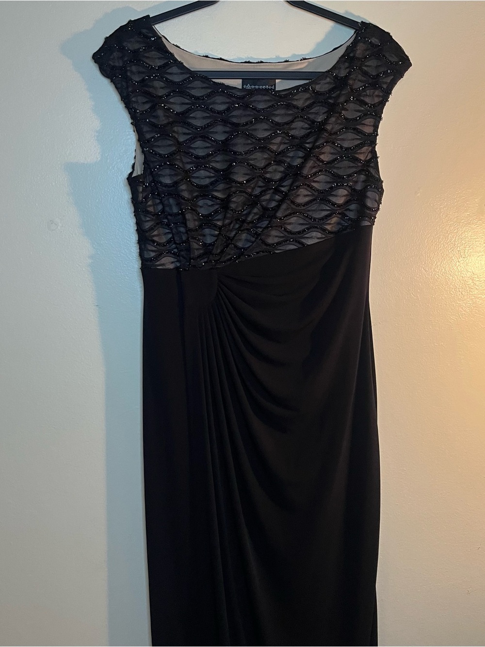 Connected Apparel Black Bead like Lace-Overlay Long Sleeve Evening Gown